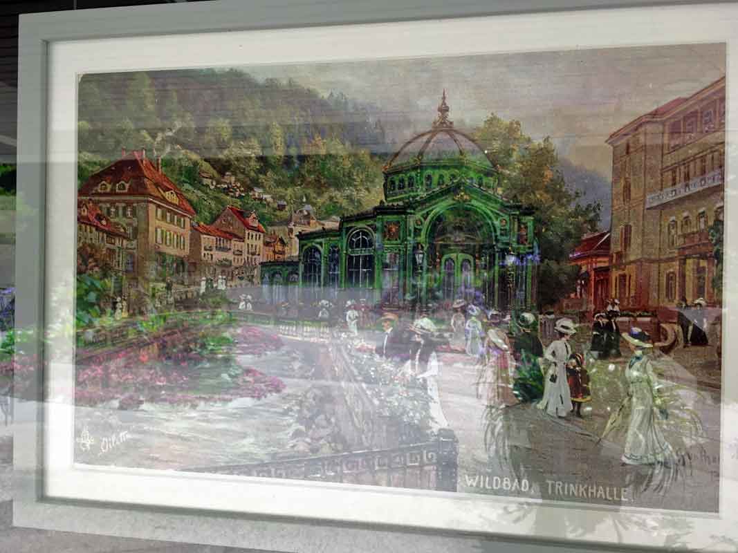 Trinkhalle Bad Wildbad 1878 bis 1959 ~ Gemälde in einem Schaufenster im Kurpark